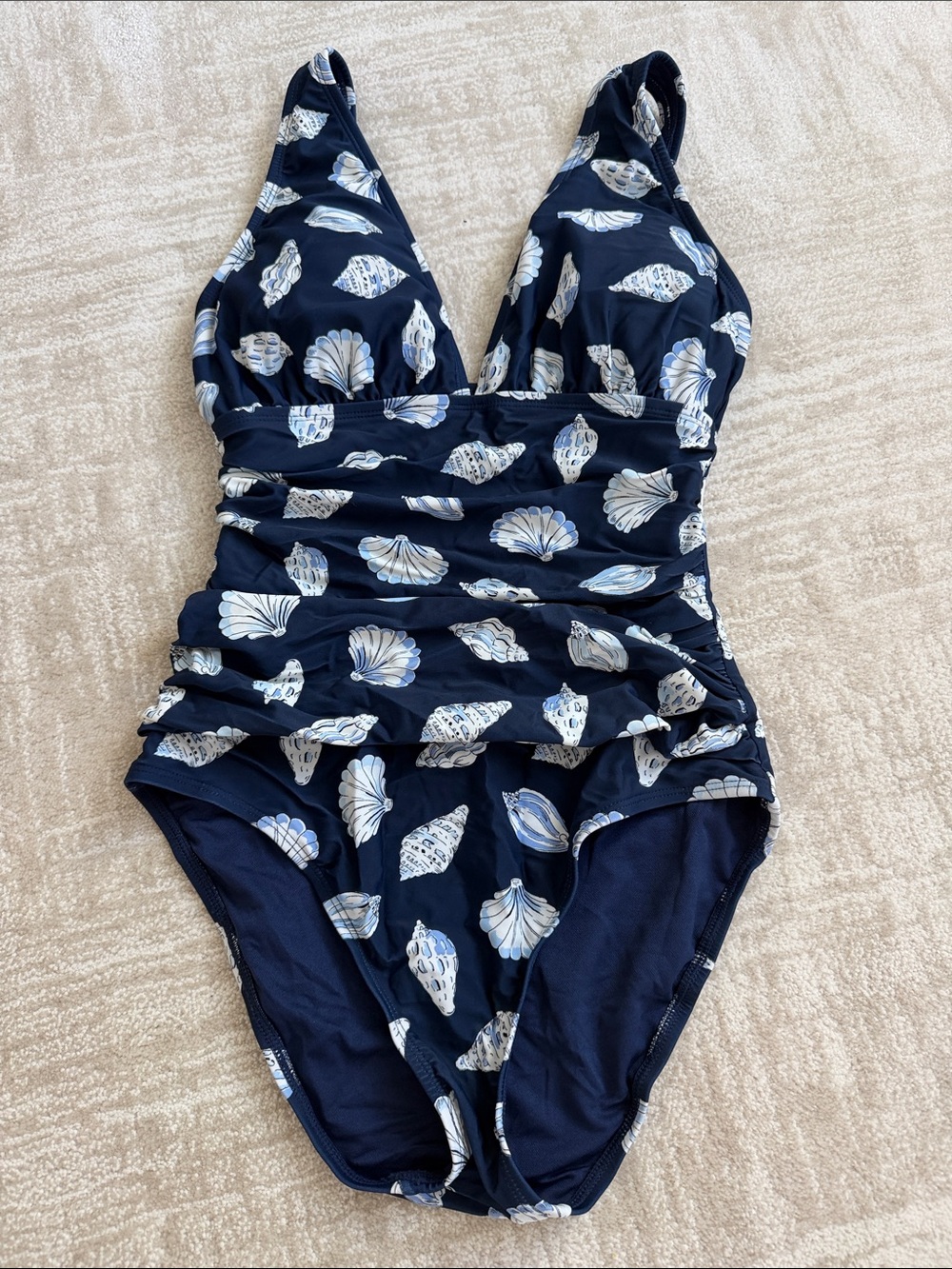 Ellen Tracy Navy Sea Shell-Print One-Piece Swimsuit, size 8